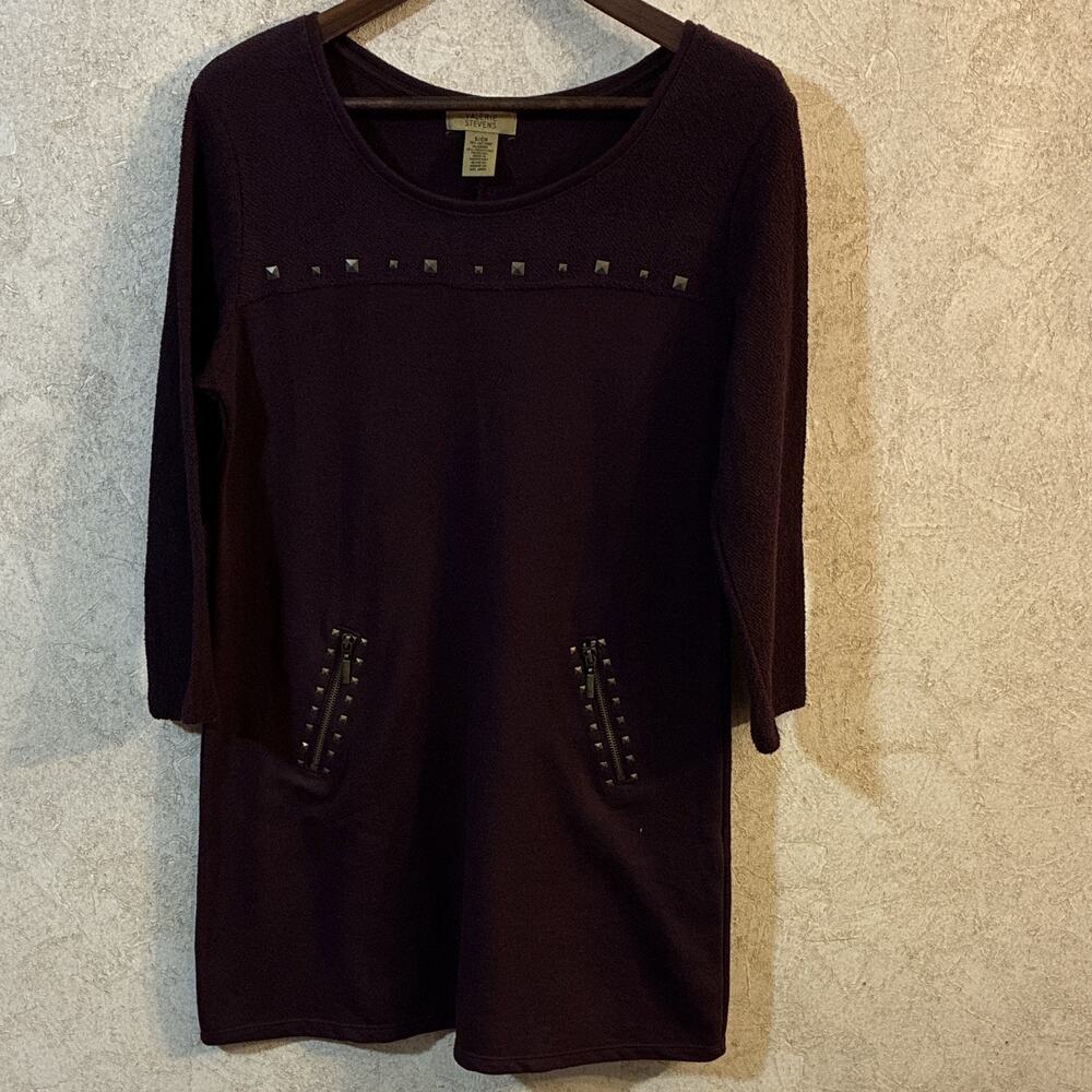 Valerie Stevens Purple Knit Mini Tunic Sweater Dress Studs Zipper Faux Pockets S - Picture 2 of 8